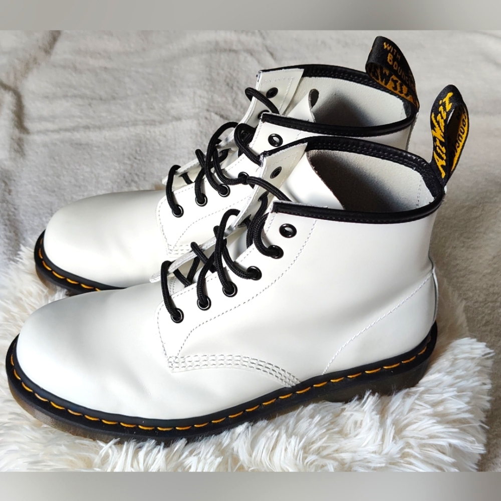 Dr. Martens 101 YS Yellow Stitch Smooth Leather Ankle Boots White